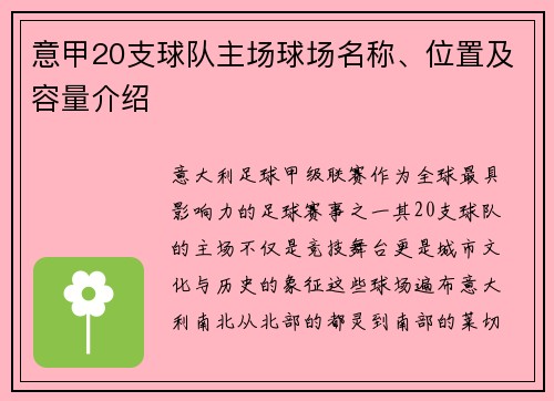 意甲20支球队主场球场名称、位置及容量介绍