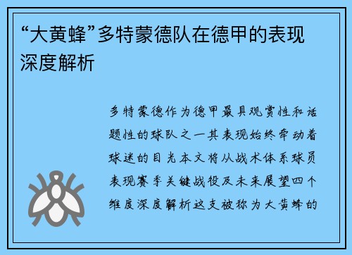 “大黄蜂”多特蒙德队在德甲的表现深度解析